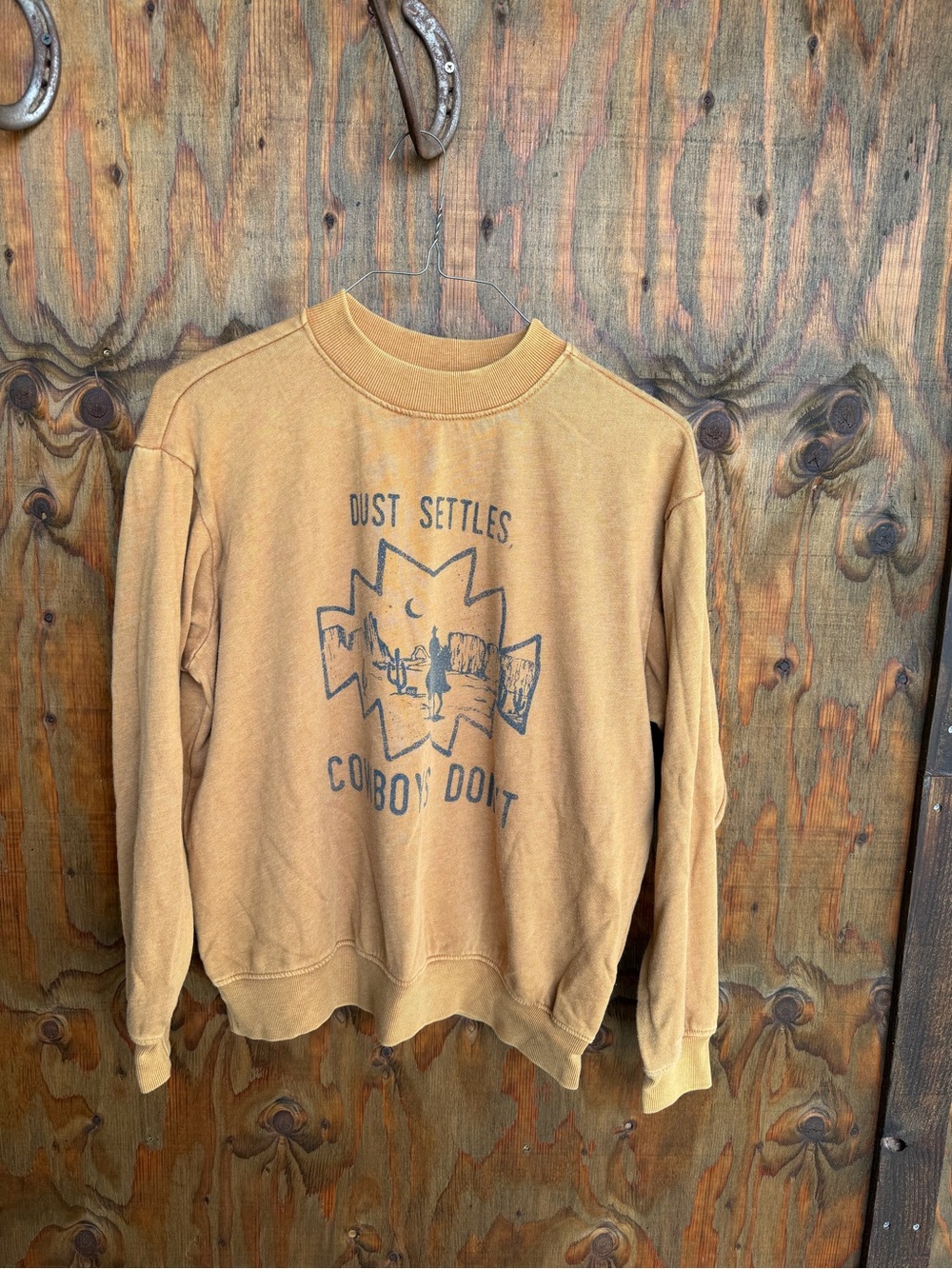 Vintage-Inspired Tan Graphic Crewneck Sweatshirt - Dust Settles Cowboy Don't